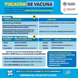 Módulos permanentes de vacunación contra Coronavirus en Mérida y el interior del estado, a partir del lunes 22 de noviembre