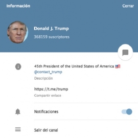 Donald Trump tiene dos canales en Telegram y en uno de ellos recomienda seguir a otros que pueden ir revelando informaciones importantes