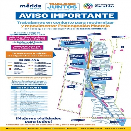 Vías alternas y modificaciones en el trayecto del transporte público por repavimentación de Prolongación Paseo de Montejo